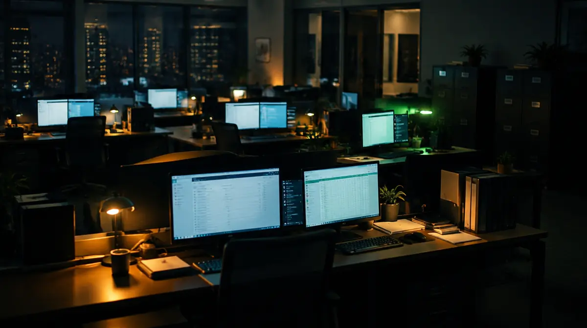 An office after hours, screens showing email and files