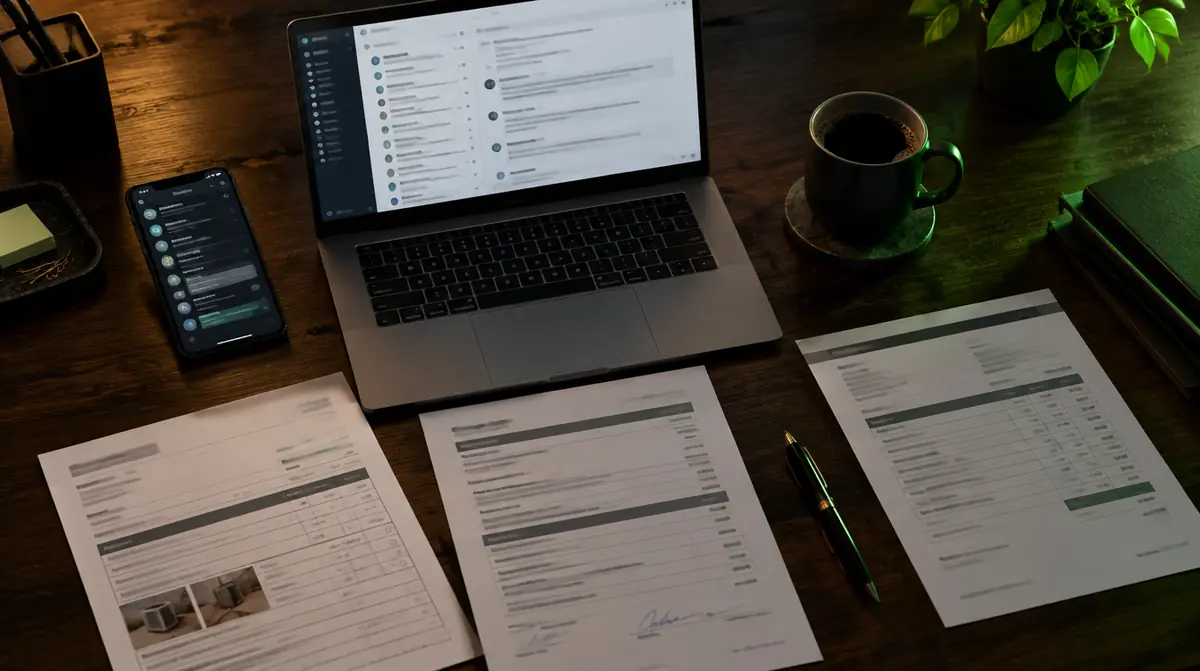 An owner's desk with an email thread, a team chat, a work order and an invoice