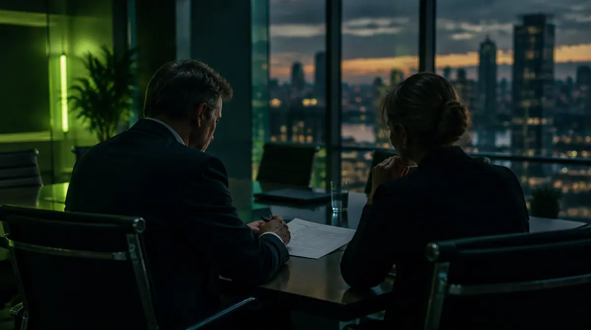 Two business owners reviewing a contract